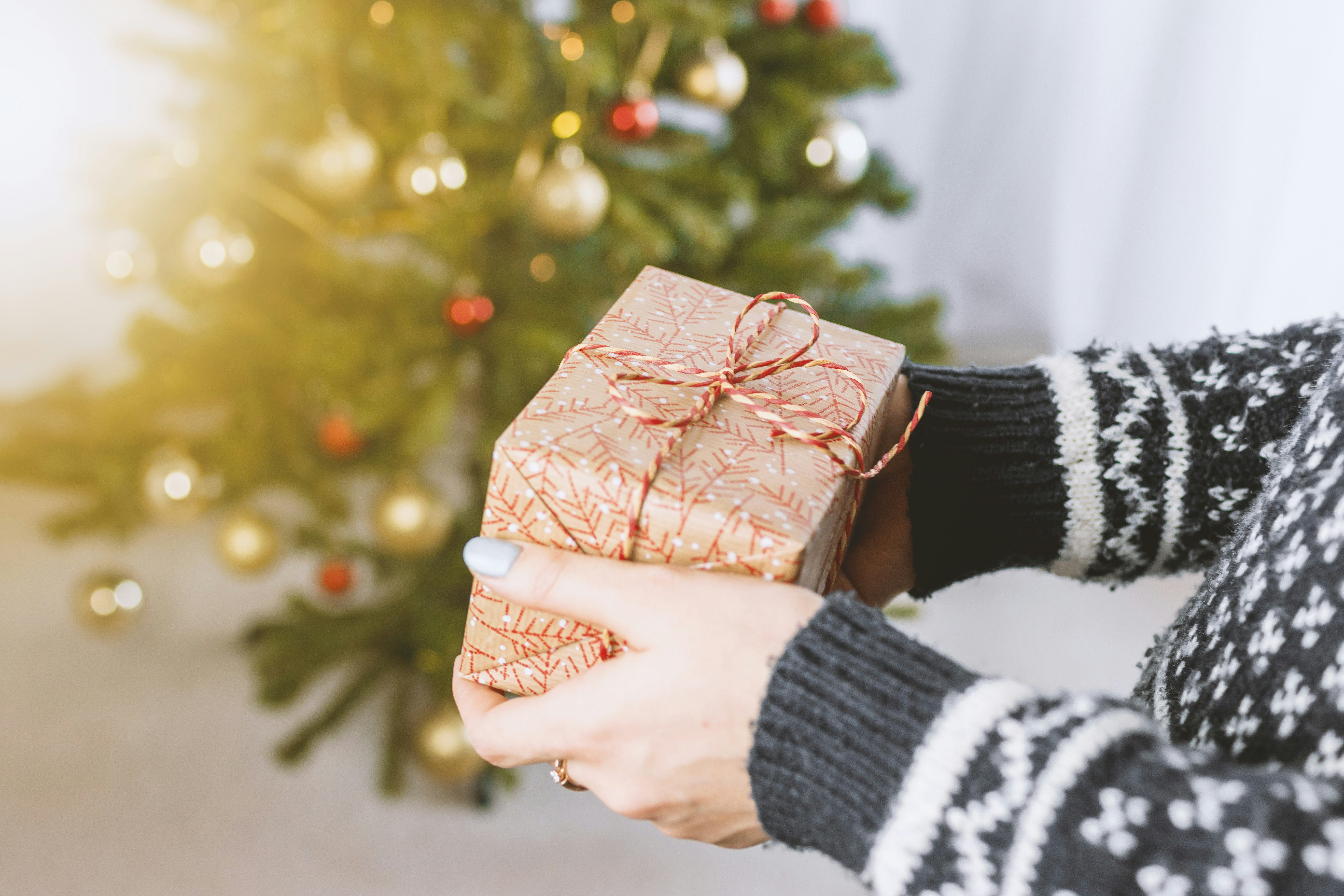 Woman’s hands hold christmas gift box.